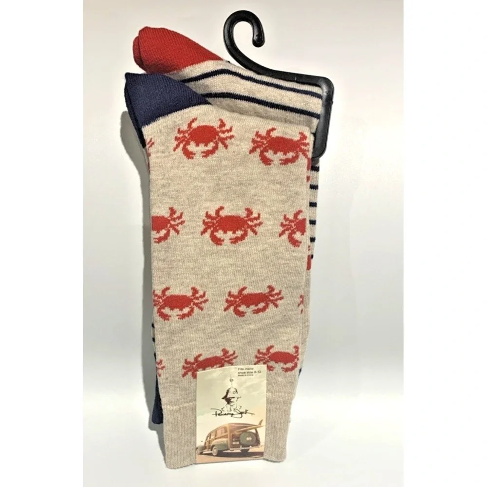 PANAMA JACK Mens Crab Print Crew Socks Size 8–12 Beige Navy Red NEW‎